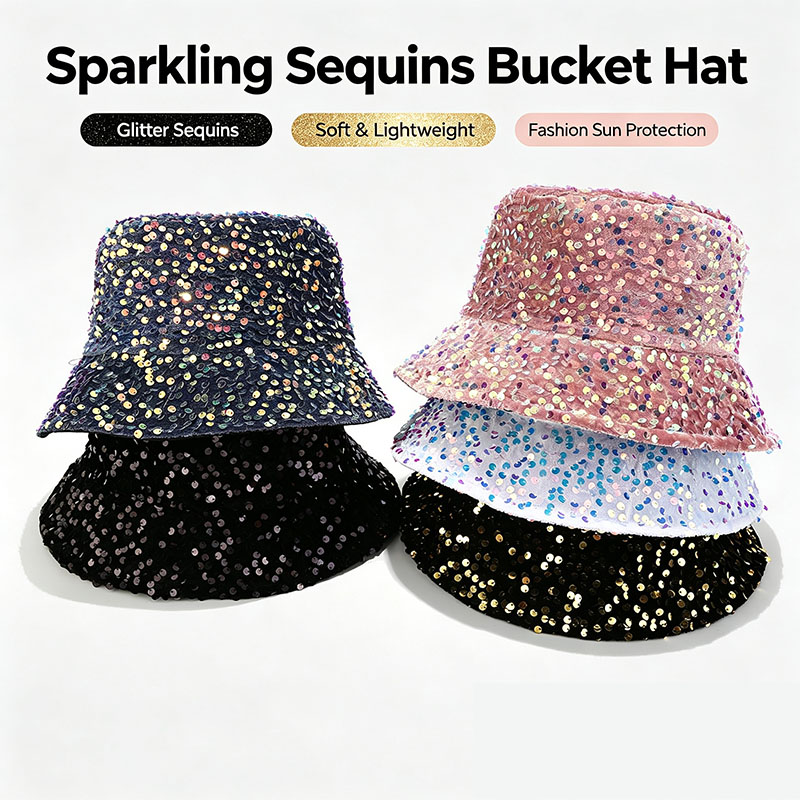 Bucket Hat Cotton - หมวกบักเก็ตประดับเลื่อมประกายวิบวับ หมวกชาวประมงสำหรับผู้หญิง งานปาร์ตี้ เทศกาล 5 สี