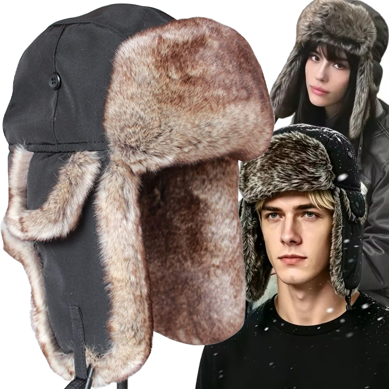 Trapper Hat Ear Flap - หมวกกันหนาวสำหรับผู้ชาย หมวกนักบิน หมวกทหาร หมวกกันน้ำสำหรับเล่นสกี หมวกบอมเบอร์ หมวกกันหนาวแบบรัสเซียพร้อมที่ปิดหู