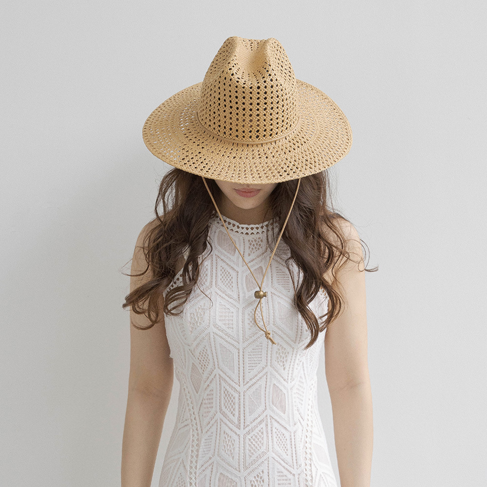 Cowboy Hat Straw - ฤดูใบไม้ผลิฤดูร้อนใหม่แฟชั่นทอมือ Hollow Out กระดาษฟางหมวกคาวบอยปีกกว้างผูกเชือก, หมวกชายหาดกลางแจ้ง Sun