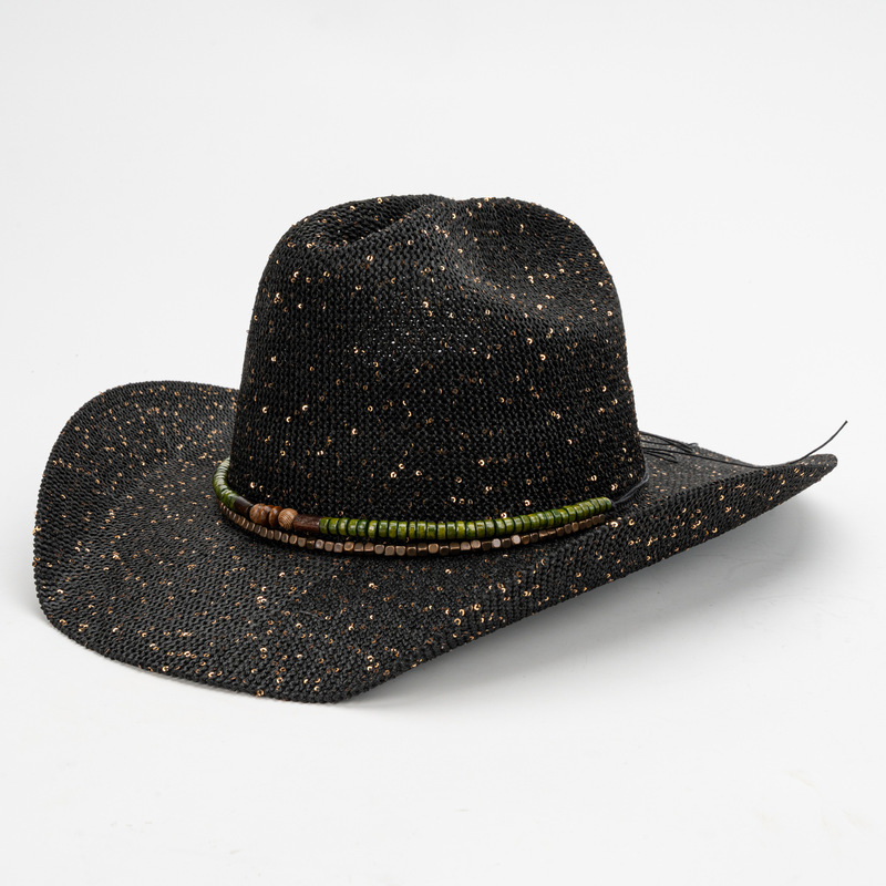 Cowboy Hat Straw - หมวกคาวบอยตะวันตกแบบมีกลิตเตอร์ ระบายอากาศได้ดี ป้องกันแสงแดด สไตล์เรโทร หมวกแจ๊สอังกฤษ สำหรับทุกเพศ