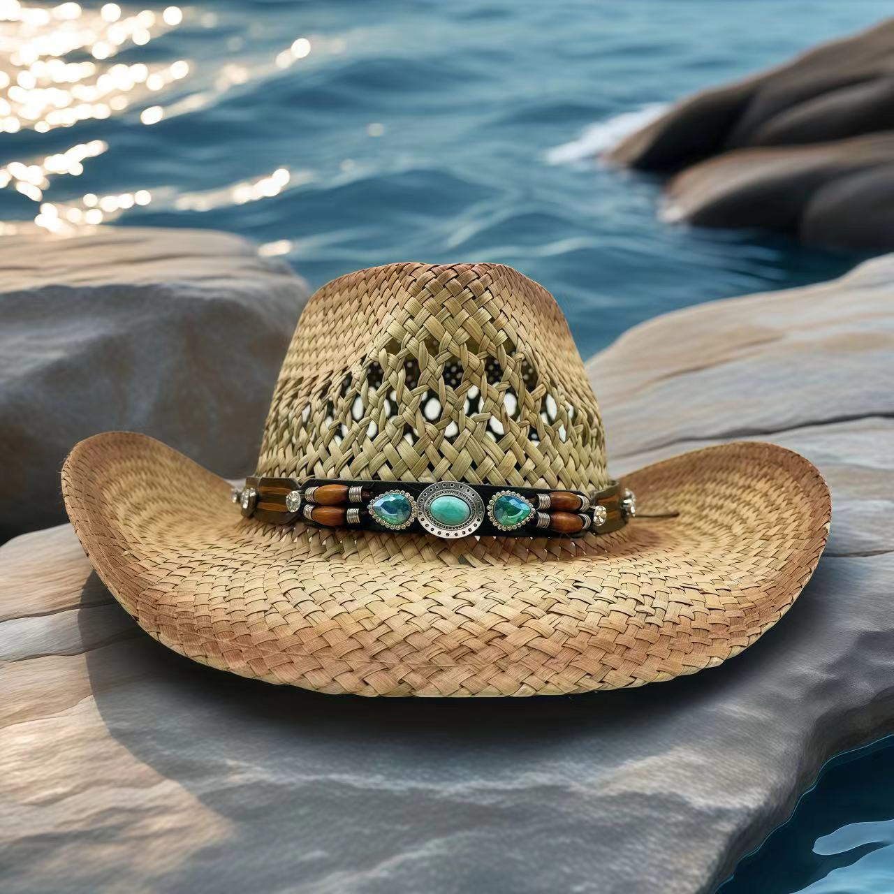 Cowboy Hat Straw - หมวกคาวบอยประดับเพชร หมวกฟางกันแดดสำหรับผู้หญิงผู้ชาย หมวกสไตล์วินเทจสำหรับชายหาด ปาร์ตี้คาวเกิร์ล งานเทศกาลฤดูร้อน หมวกสไตล์คันทรี่